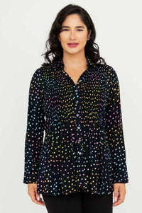Front view of model wearing Cindy smocked dot shirt with long sleeves