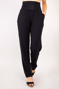 Front view of Clair black bamboo comfort pants showing high waistband and tapered leg