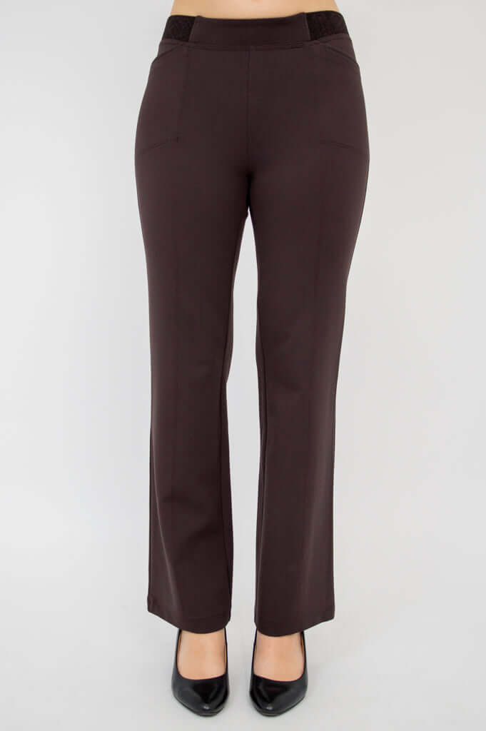 Front view of Daya Flared Modal Pants in coffee color, worn with black heels