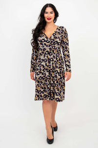 Front view of a woman in a leopard print bamboo fabric dress