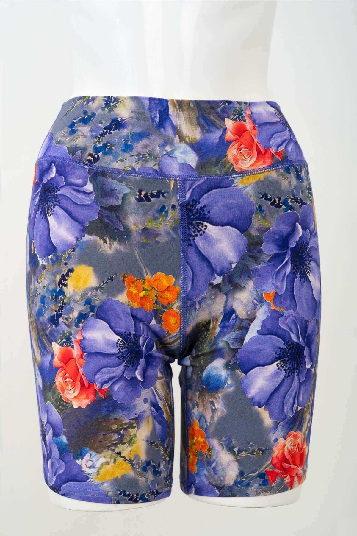 Front view of Hallie Bamboo Shorts with vibrant blue and orange floral print