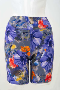 Front view of Hallie Bamboo Shorts with vibrant blue and orange floral print