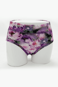 Front view of La Gaunche high-rise brief in purple floral print on mannequin