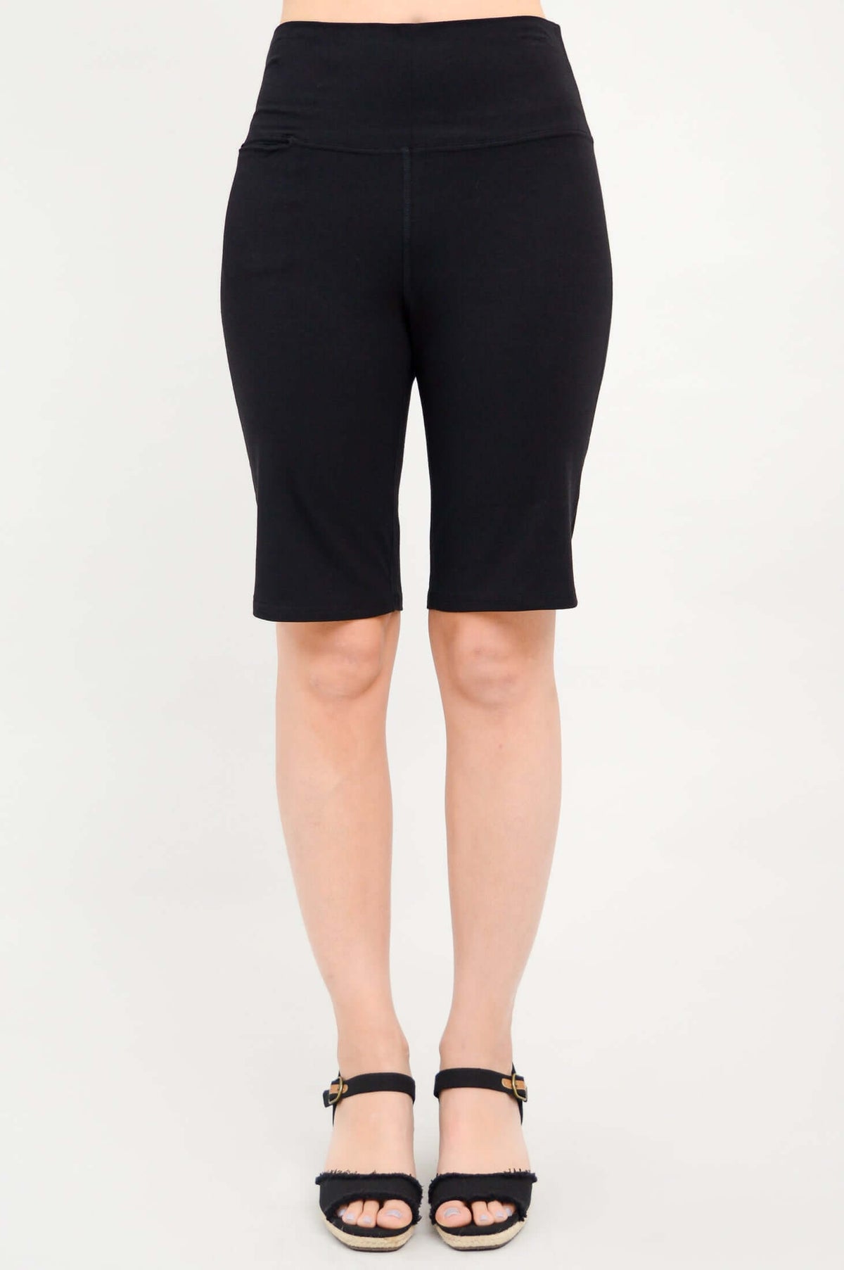 Front view of Leslie knee-length black shorts with wide waistband
