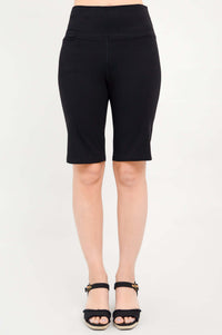 Front view of Leslie knee-length black shorts with wide waistband