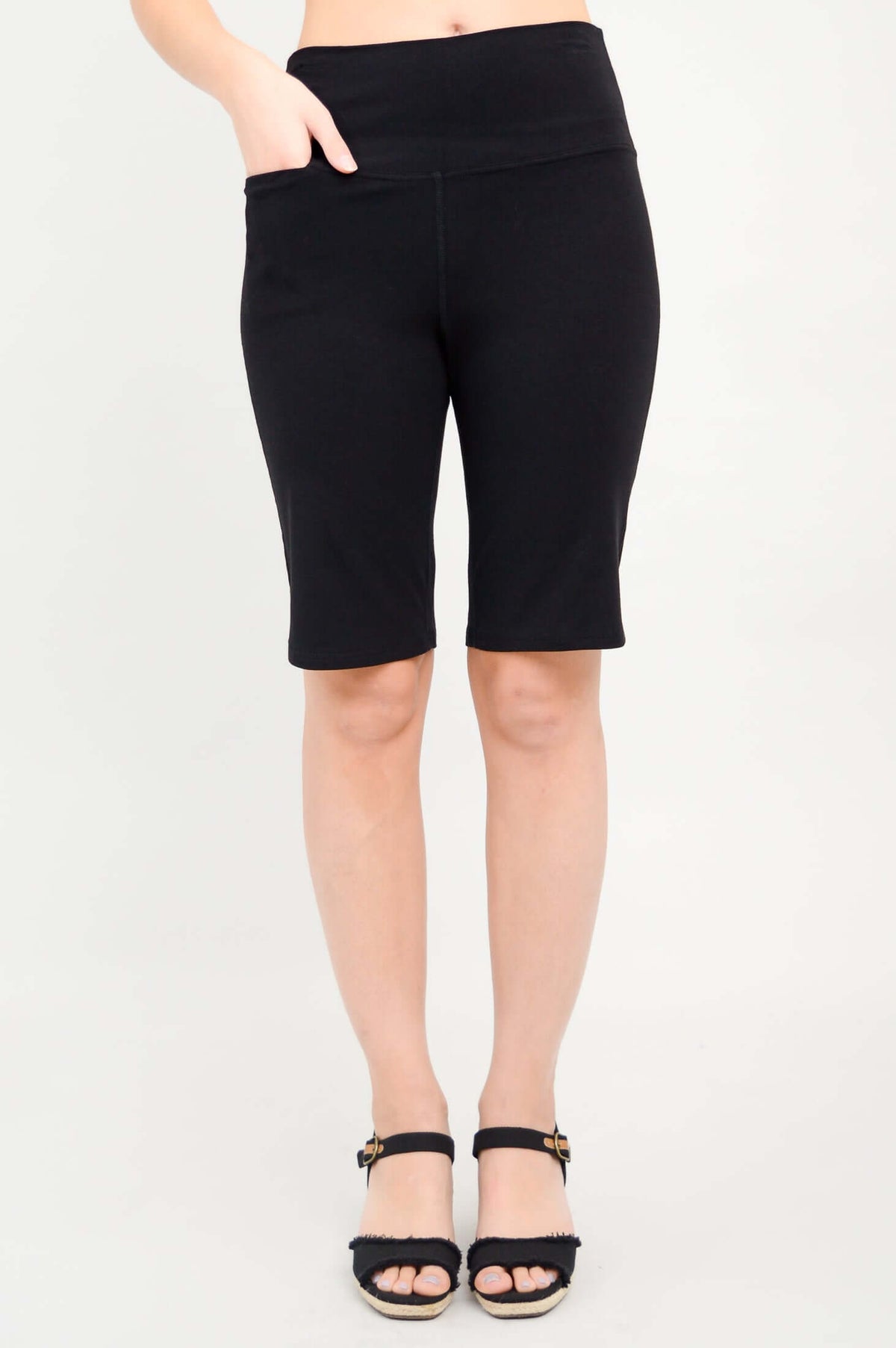 Front view of Leslie shorts showing hand in hidden pocket