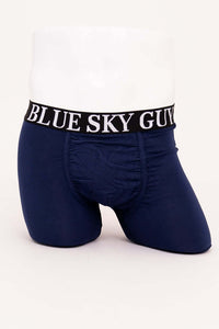 Front view of navy bamboo boxer briefs with BLUE SKY GUY waistband