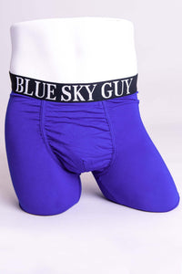 Front view of blue bamboo boxer briefs with 'Blue Sky Guy' waistband on mannequin
