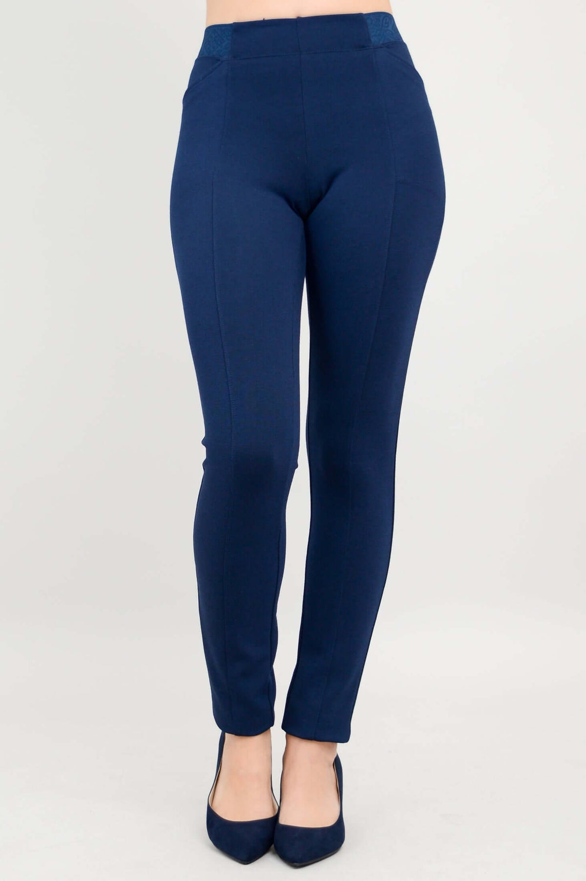Front view of navy Nadia Pants highlighting the tailored fit and waistband