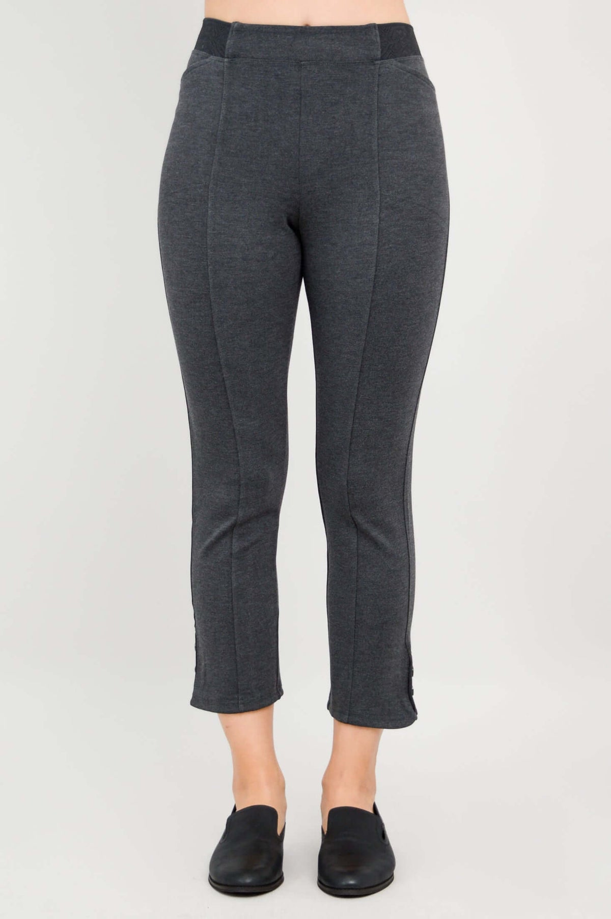Front view of charcoal grey Nadine Crop Pants with tailored seams