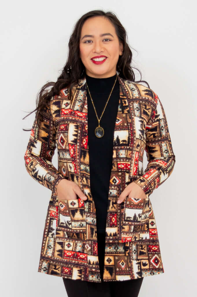 Front view of woman wearing Pauline lightweight patterned jacket with patch pockets