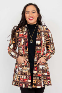 Front view of woman wearing Pauline lightweight patterned jacket with patch pockets