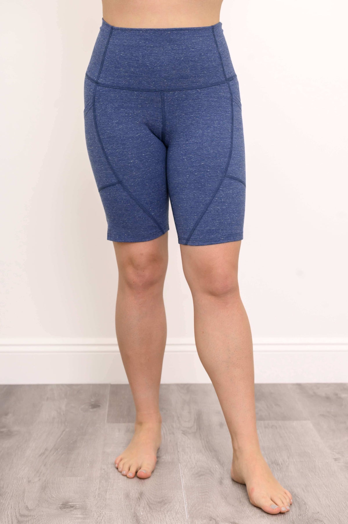 Front view of blue Robson Shorts highlighting fit and waistband