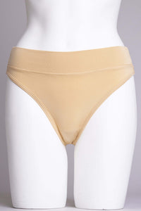 Front view of beige high-rise bamboo thong underwear on a mannequin