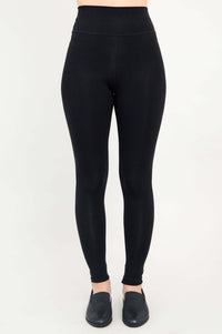 Front view of black fleece-lined leggings with high waistband