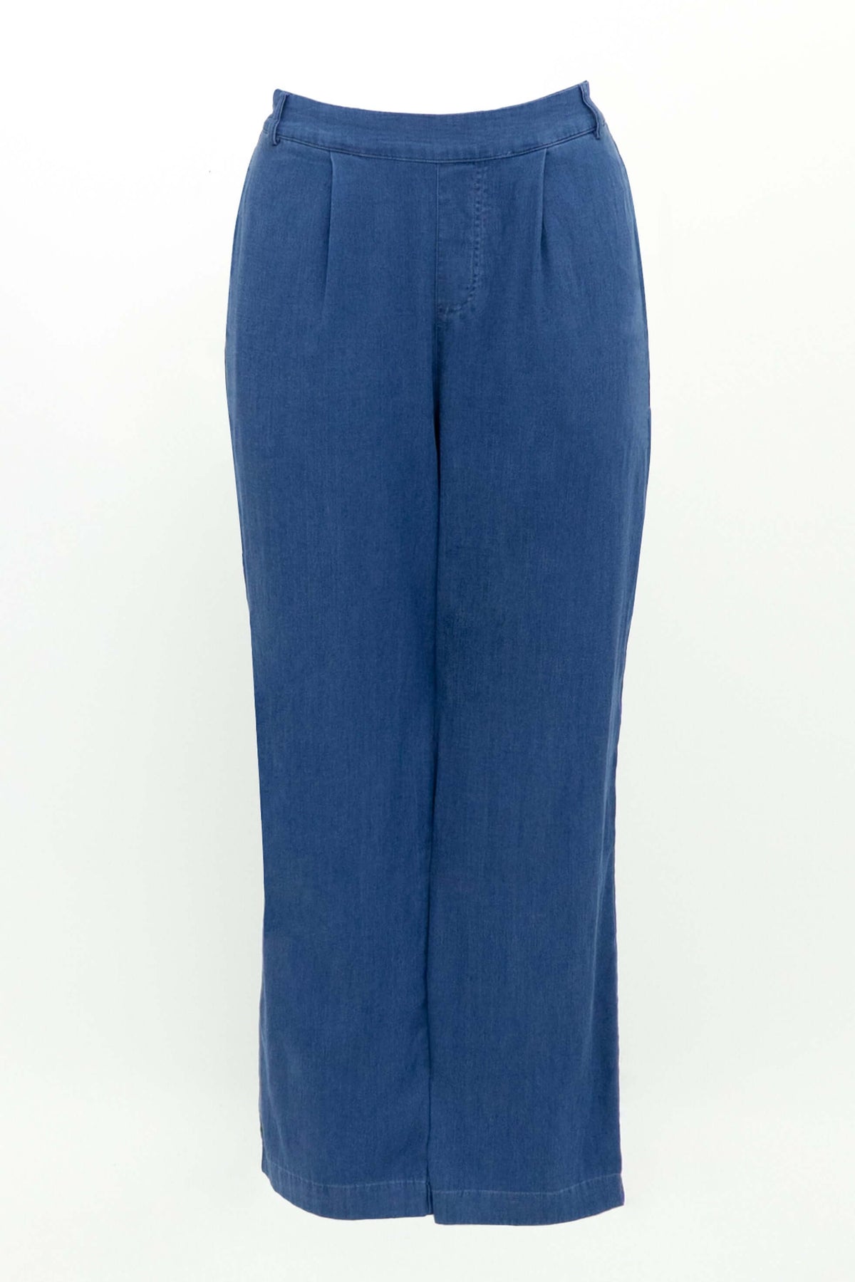 Blue pleated trousers displayed on a white background showcasing wide-leg fit