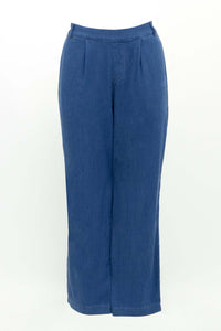 Blue pleated trousers displayed on a white background showcasing wide-leg fit