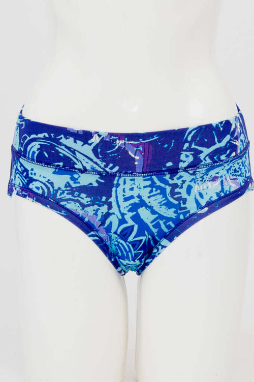 Front view of blue abstract print hipster underwear on mannequin
