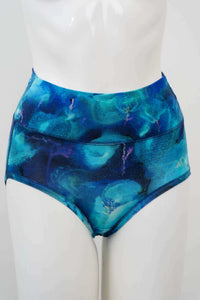 Front view of high waist brief in blue watercolor pattern on mannequin