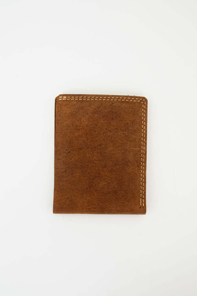 Front view of a brown leather wallet with visible stitching