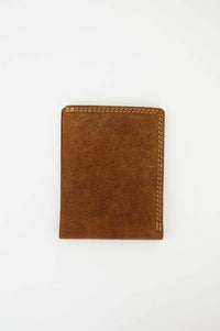 Front view of a brown leather wallet with visible stitching