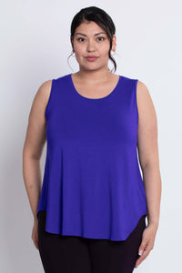 Front view of model wearing a grape-colored sleeveless tank top