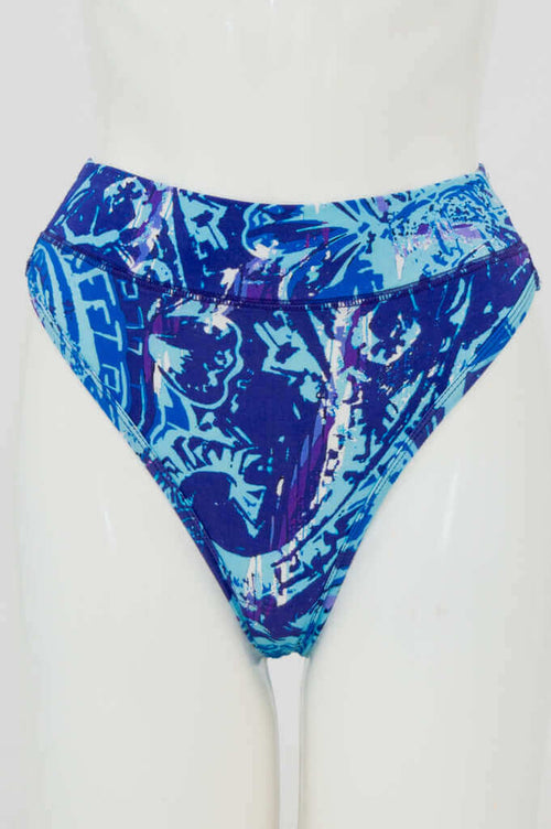 Front view of high rise bamboo thong with blue abstract pattern