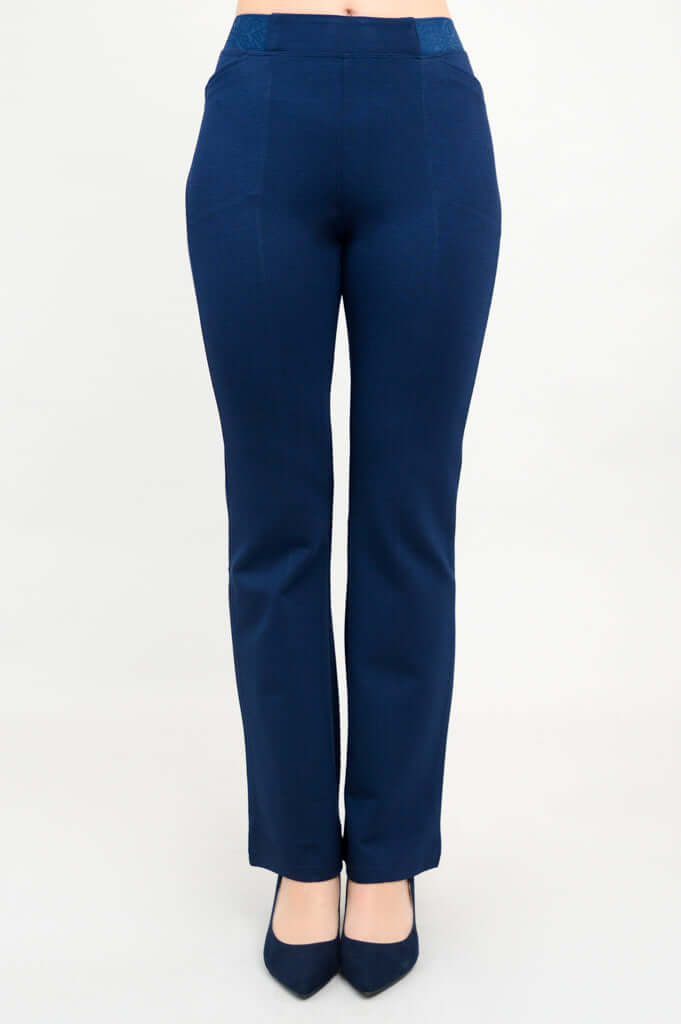 Front view of indigo flare modal pants for women with tailored seams