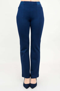 Front view of indigo flare modal pants for women with tailored seams