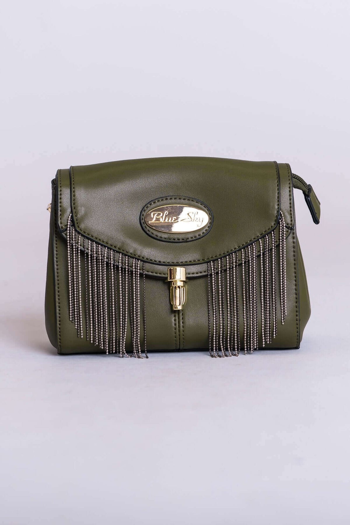 Front view of olive Muse bag with chain tassel and gold Blue Sky logo