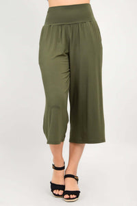 Front view of olive green cropped palazzo capri pants with wide waistband