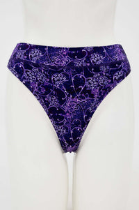 Front view of high rise purple bamboo thong underwear with intricate pattern