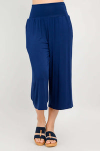 Front view of royal blue wide-leg bamboo capri pants with flat waistband
