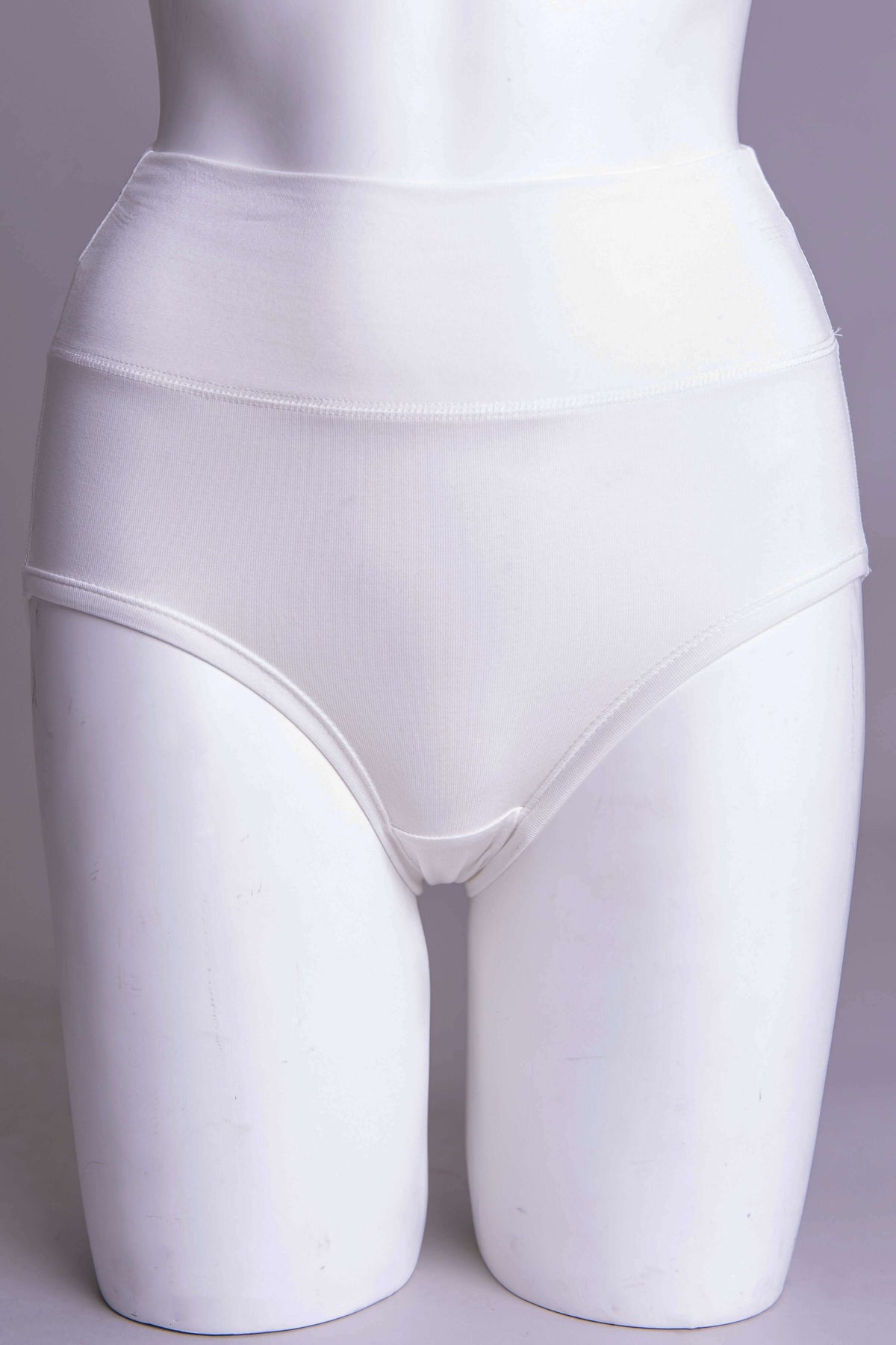 Front view of seamless white bamboo panty on mannequin