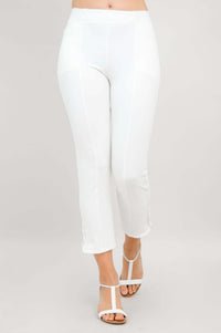 Front view of white cropped Nadine pants with button hem detail