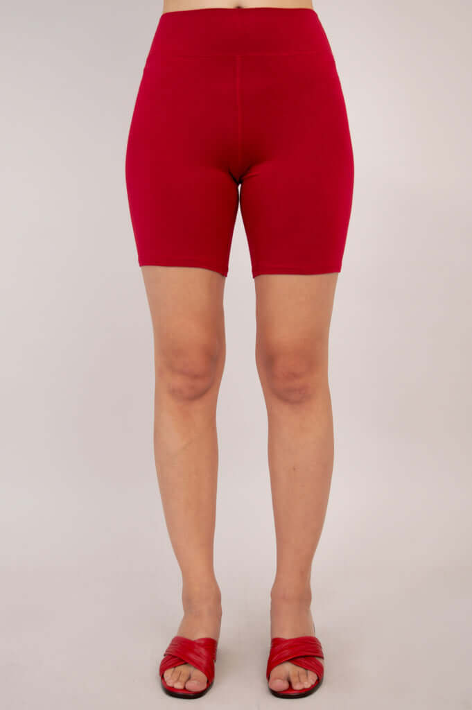 Full frontal view of Hallie Bamboo Shorts in ruby on model