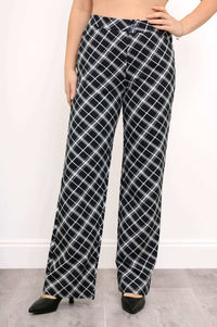 Full front view of high-waisted plaid trousers with straight leg fit