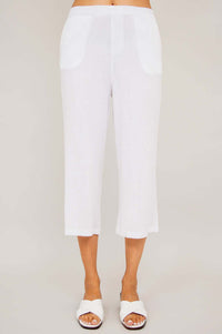 Full front close-up of Bella Capri Pant in white, highlighting waistband and pockets