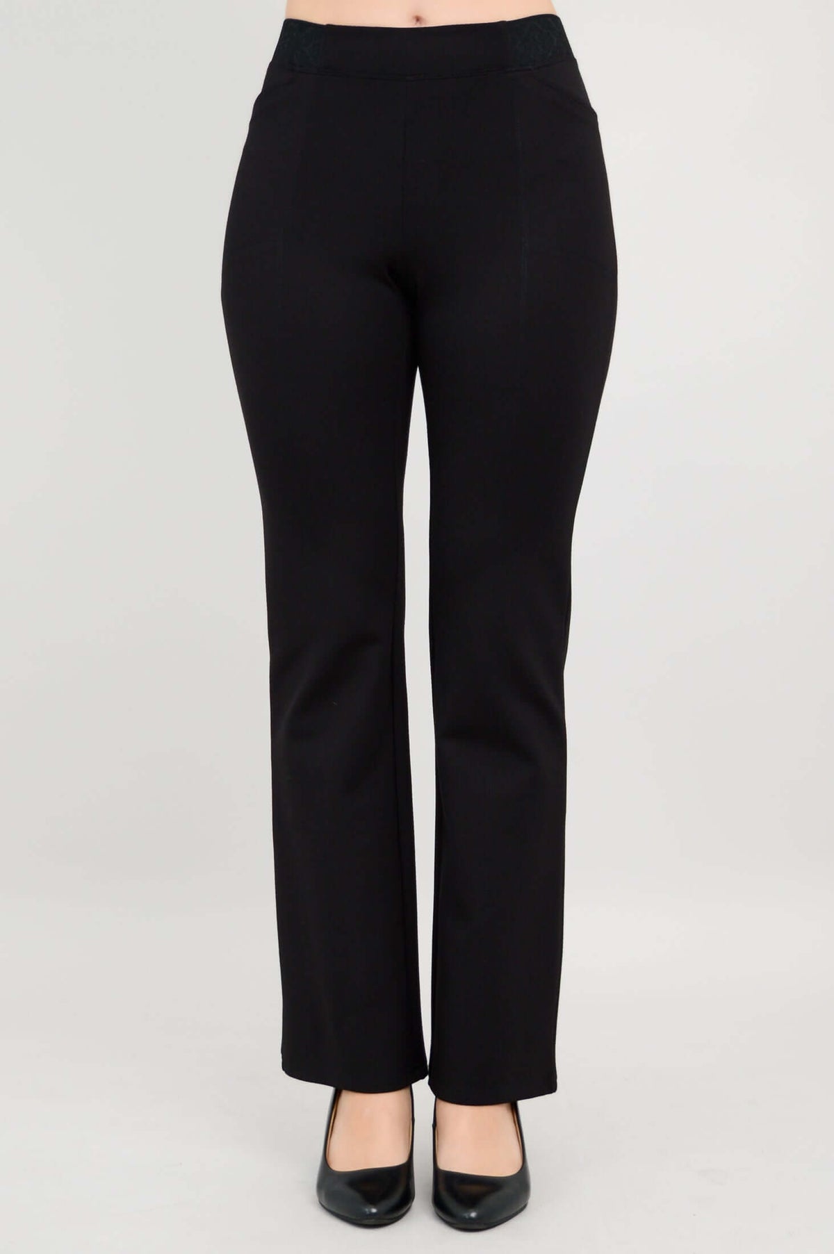 Full front view of Daya Luxe Modal Pants in black on model