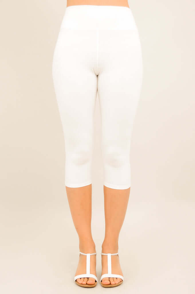 Full front view of Riley Capri Legging with high waistband on model