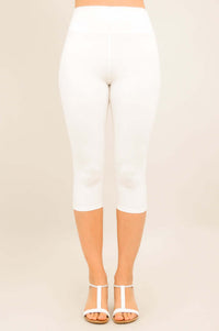 Full front view of Riley Capri Legging with high waistband on model