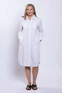 Full front view of a model in white striped button-down duster dress