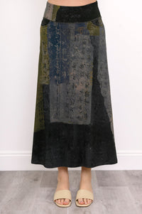 A-line earth-toned printed midi skirt featuring a comfortable flat waistband, shown on a white background.