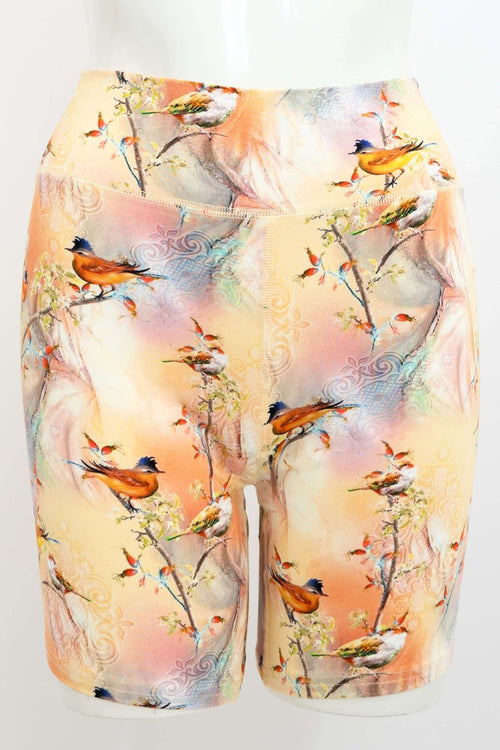 Front view of Hallie Bamboo Shorts featuring a colorful bird print design