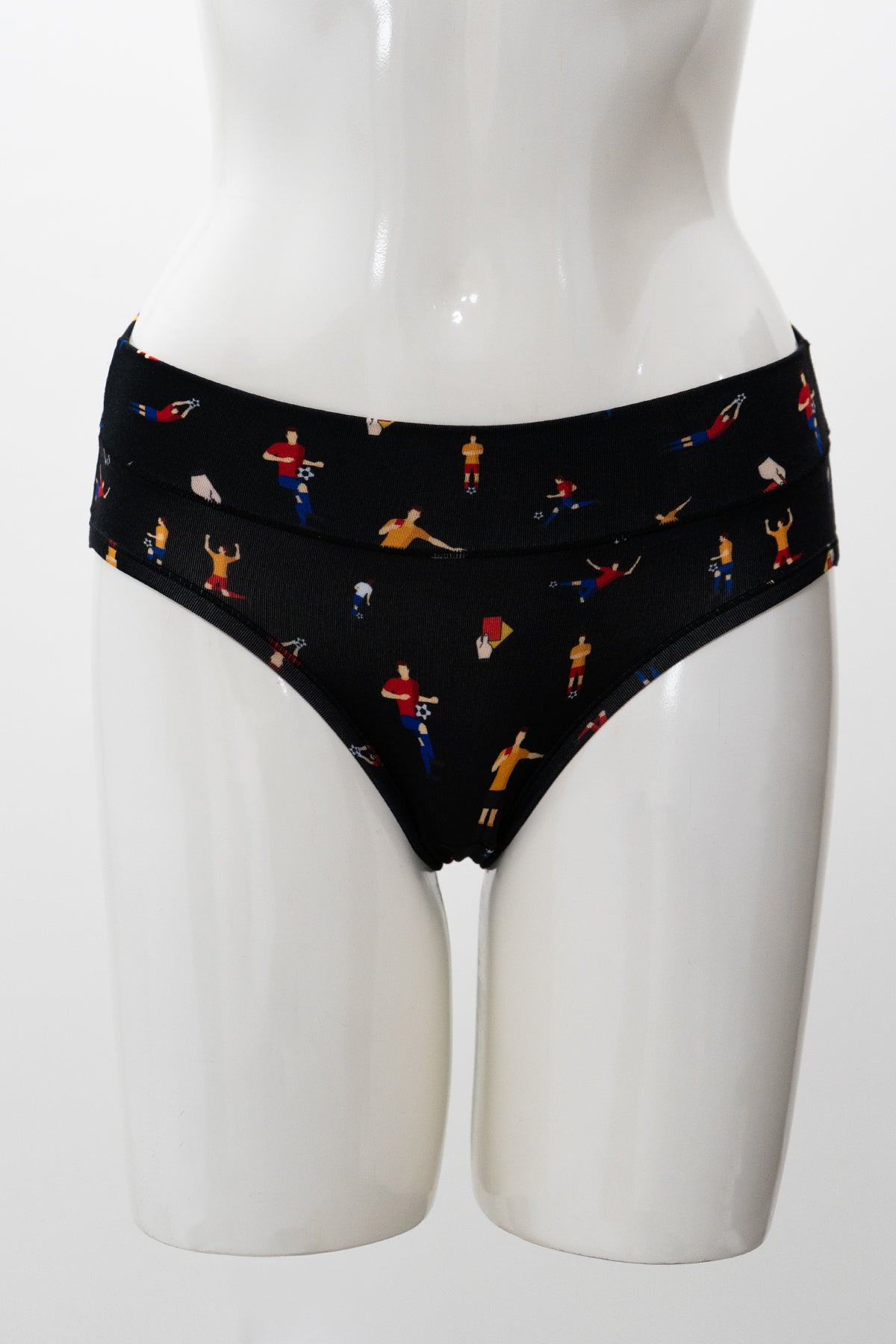 Black mid-rise underwear with soccer player print displayed on a white mannequin
