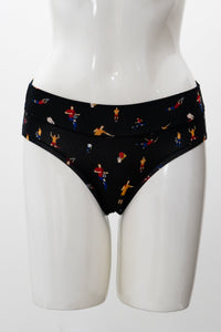 Black mid-rise underwear with soccer player print displayed on a white mannequin