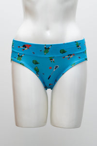 Blue underwear with a colorful lacross pattern on a mannequin against a white background, front view