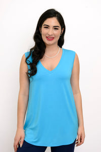 Women's turquoise V-neck tank top with a relaxed fit and sleeveless design