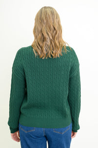Back view of a a female model wearing a green sweater with denim pants, against a white backdrop