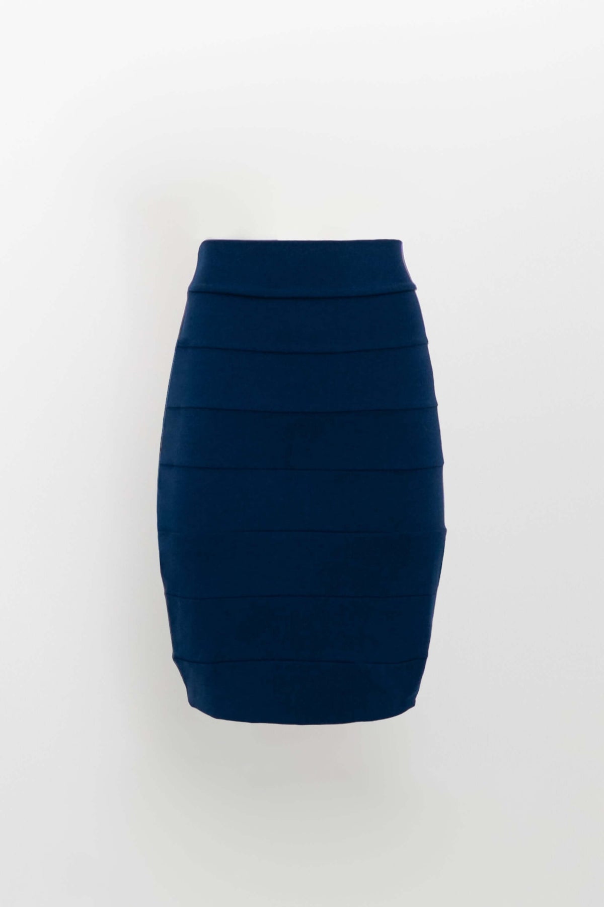Navy stretch pencil skirt with horizontal panels displayed on a white background